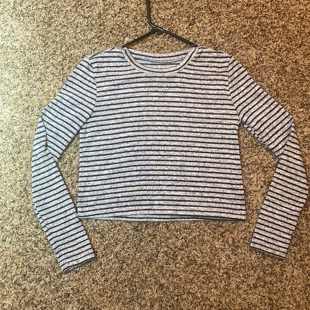 Gray and Black Striped Long-sleeved Crop Shirt